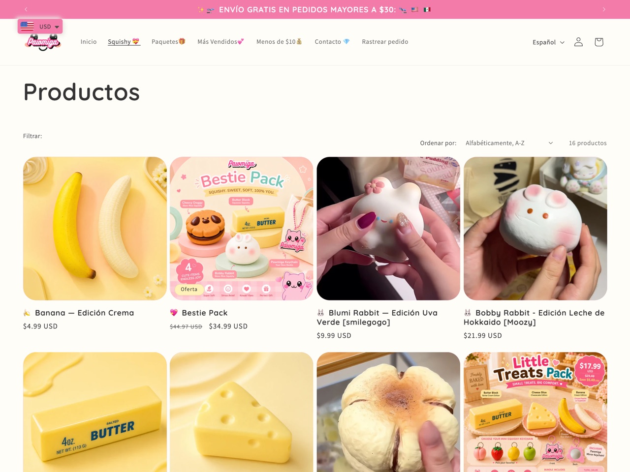 Pawmiga all-products page with a tidy grid of novelty squishy products