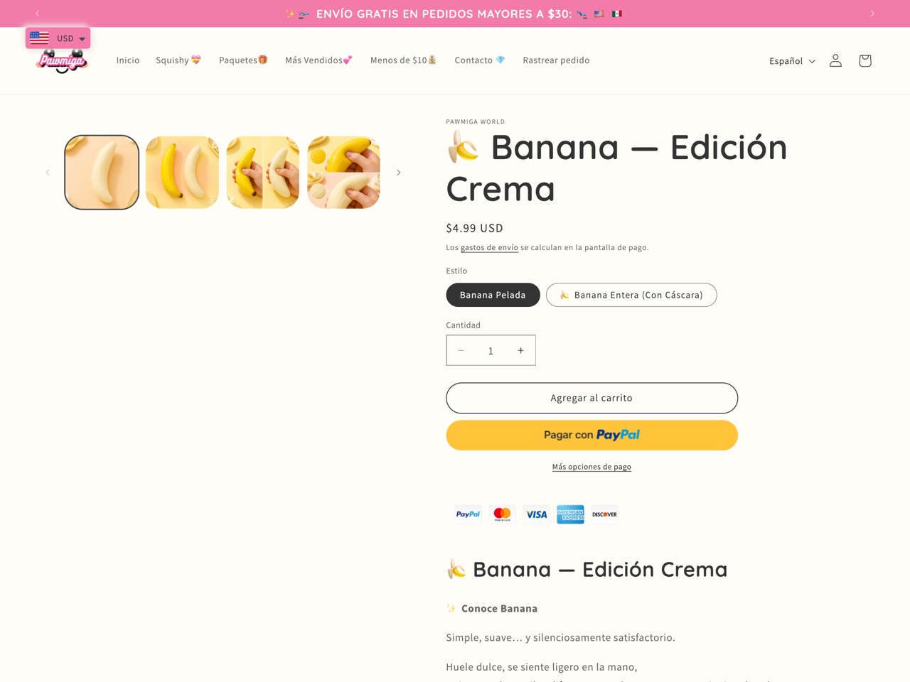 Pawmiga product page showing Spanish / USD multi-market, variant selection, and add to cart