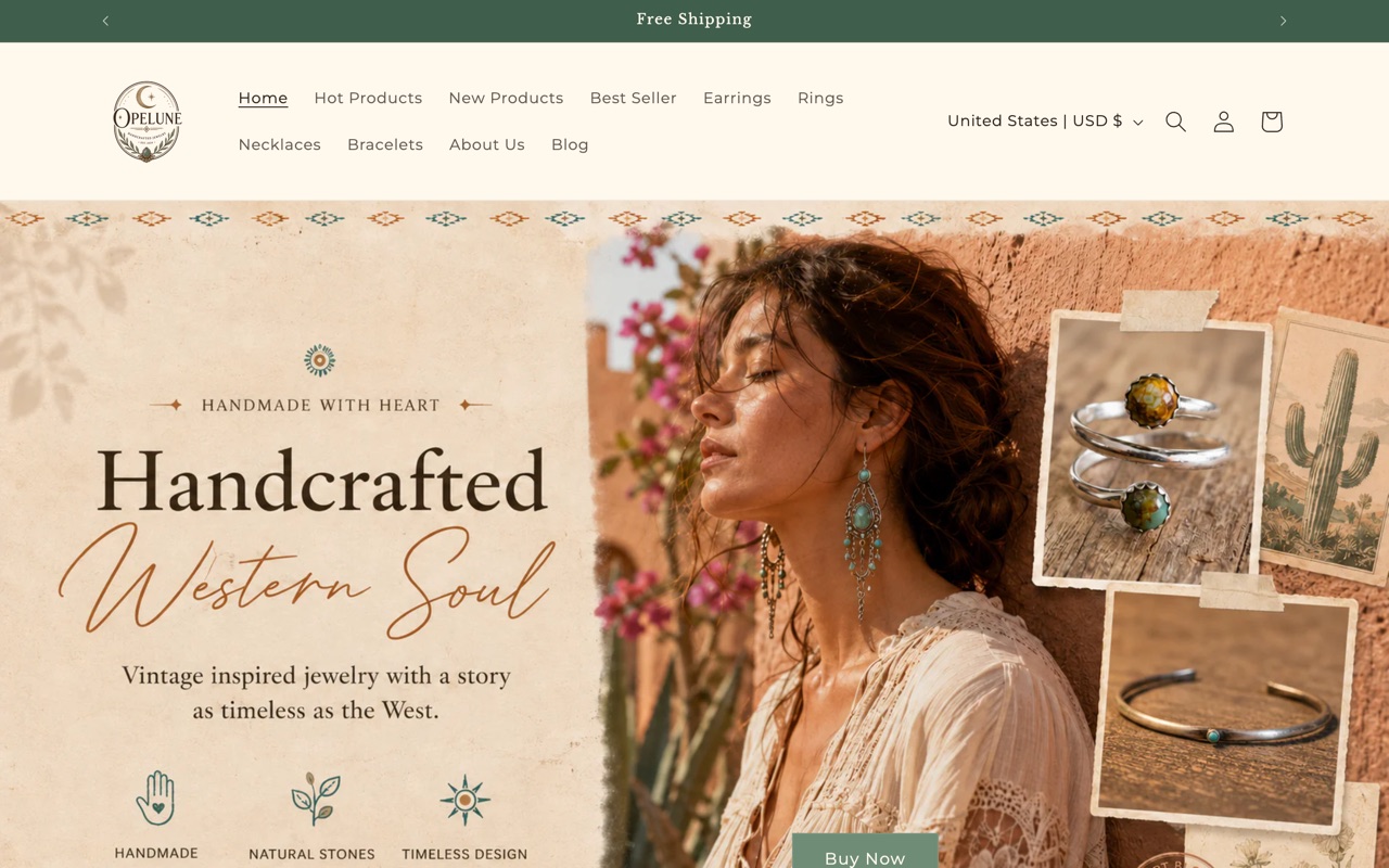 Opelune handcrafted jewelry Shopify storefront home page